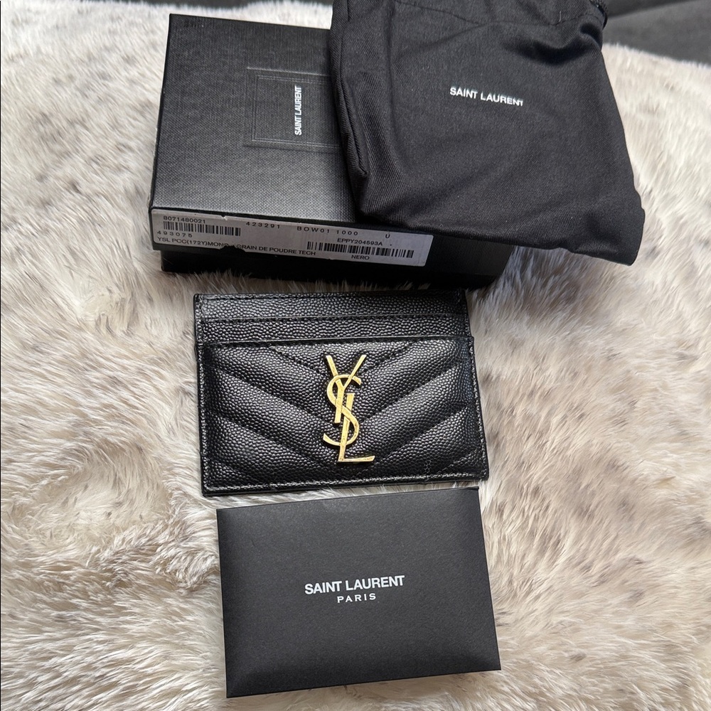 Saint Laurent Quilted Black Card Holder with Gold Monogram